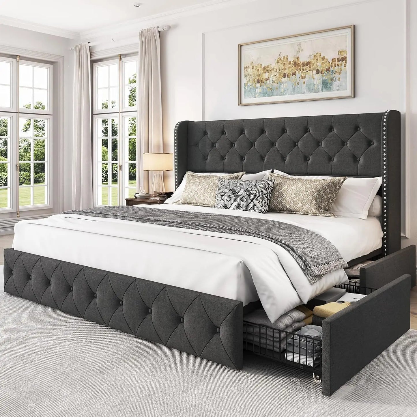 King Size Velvet Upholstered Bed Frame With Storage Drawers