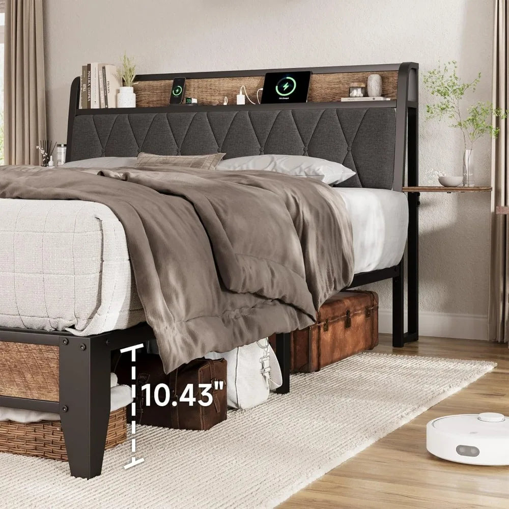 Queen Bed Frame With Ergonomic Upholstered Headboard And Charging Station
