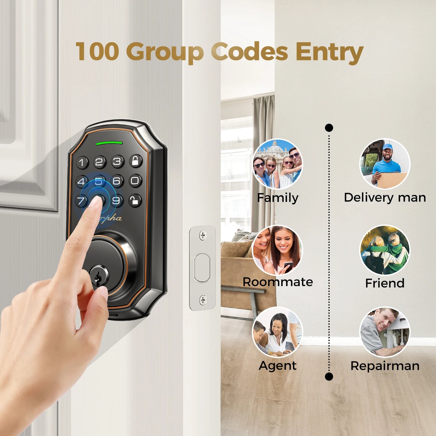 Arpha Smart Door Lock Keyless Entry D180 With 100 Code 16 Digit Anti Peeping Password Electronic Deadbolt WiFi