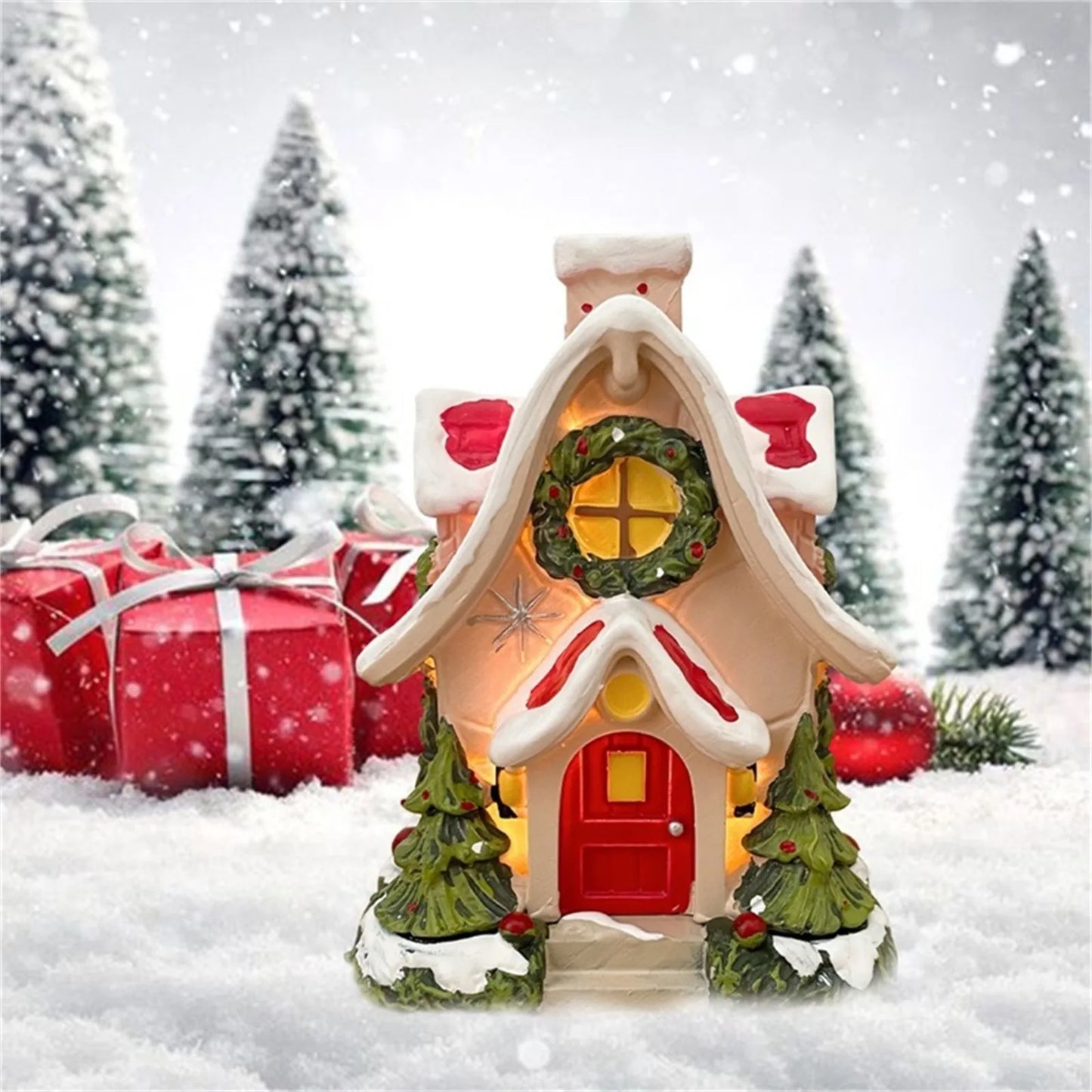 Luminous Resin Log Cabin Snow House Christmas Decorations