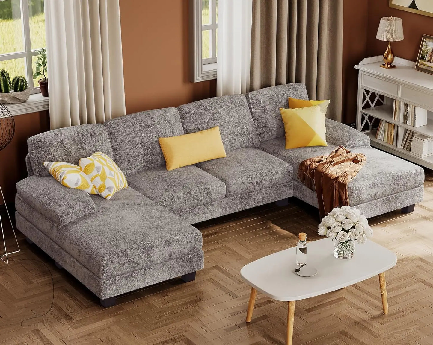 Linen Fabric Sectional Sofa Set U Shaped With Double Chaise 4 Seats Customized