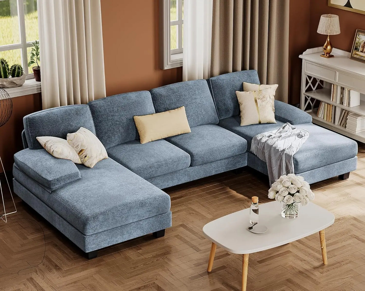 U Shaped Linen Sectional Sofa For Living Room 4 Seat Couch With Double Chaise