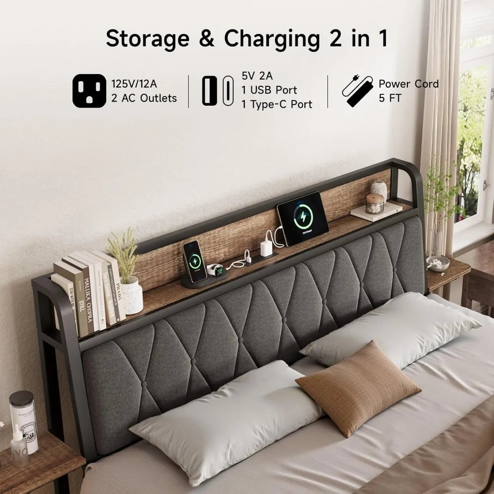 Queen Bed Frame With Ergonomic Upholstered Headboard And Charging Station