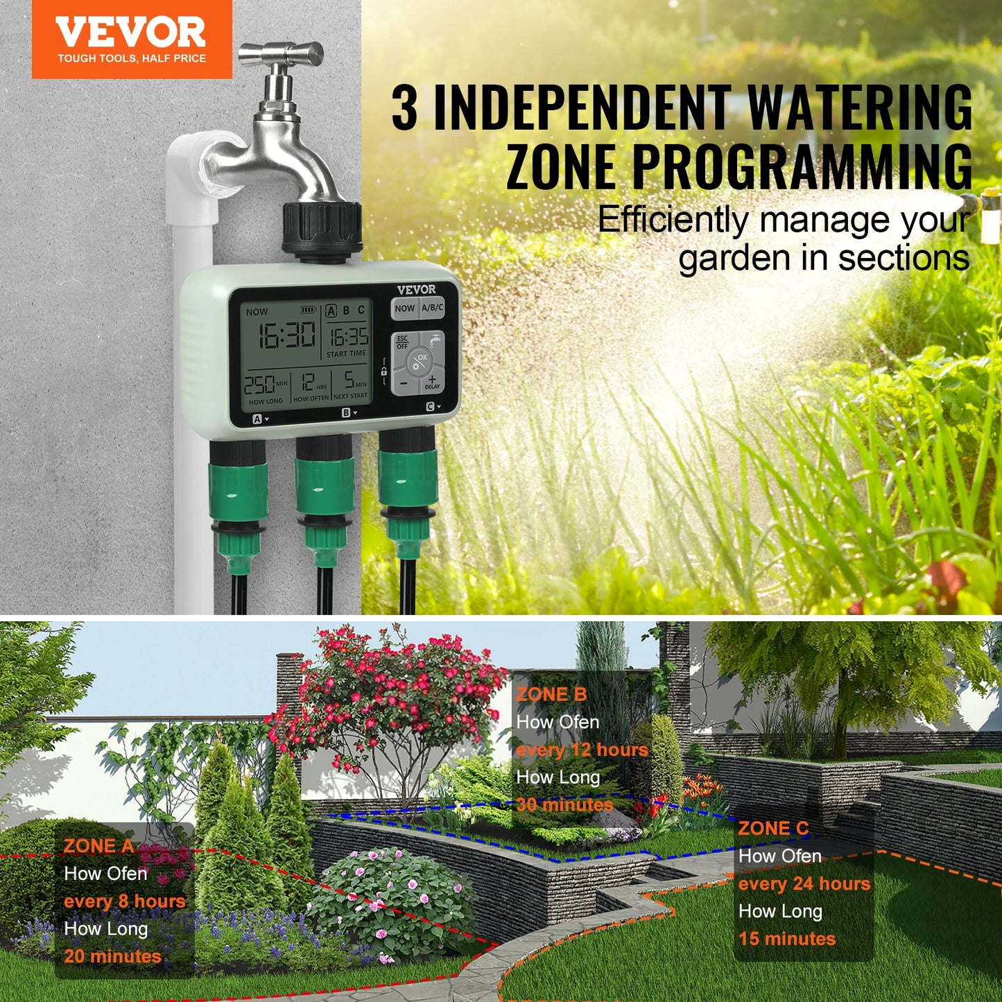 Vevor Water Timer With Three Outlets LCD Display Rain Delay