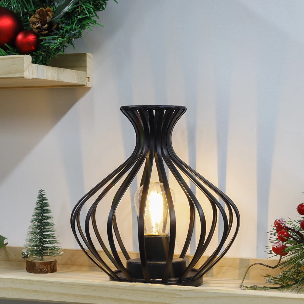 Black Battery Powered Table Lamp LED Lantern Bedside Decor