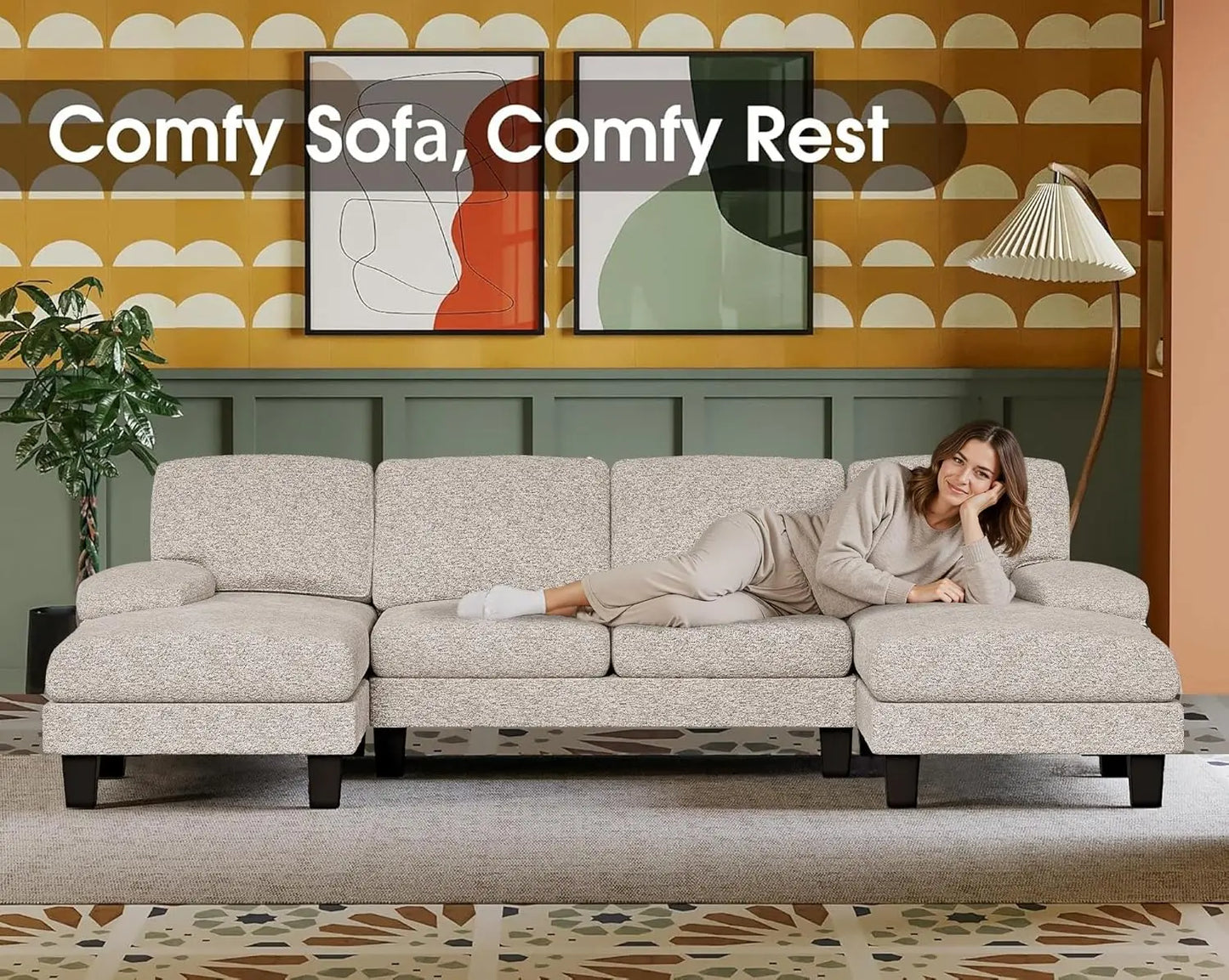 Linen Fabric Sectional Sofa Set U Shaped With Double Chaise 4 Seats Customized