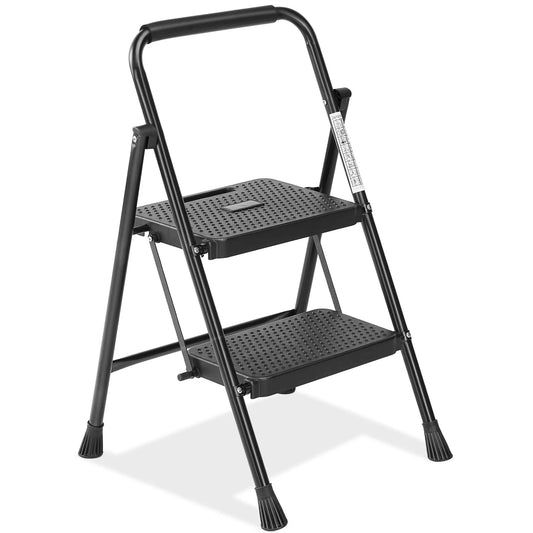 JHK Folding 2/3 Step Ladder Stool with Anti Slip Pedal 800 Pounds Capacity Sturdy Steel Portable Cushioned Handle for Kitchen Home