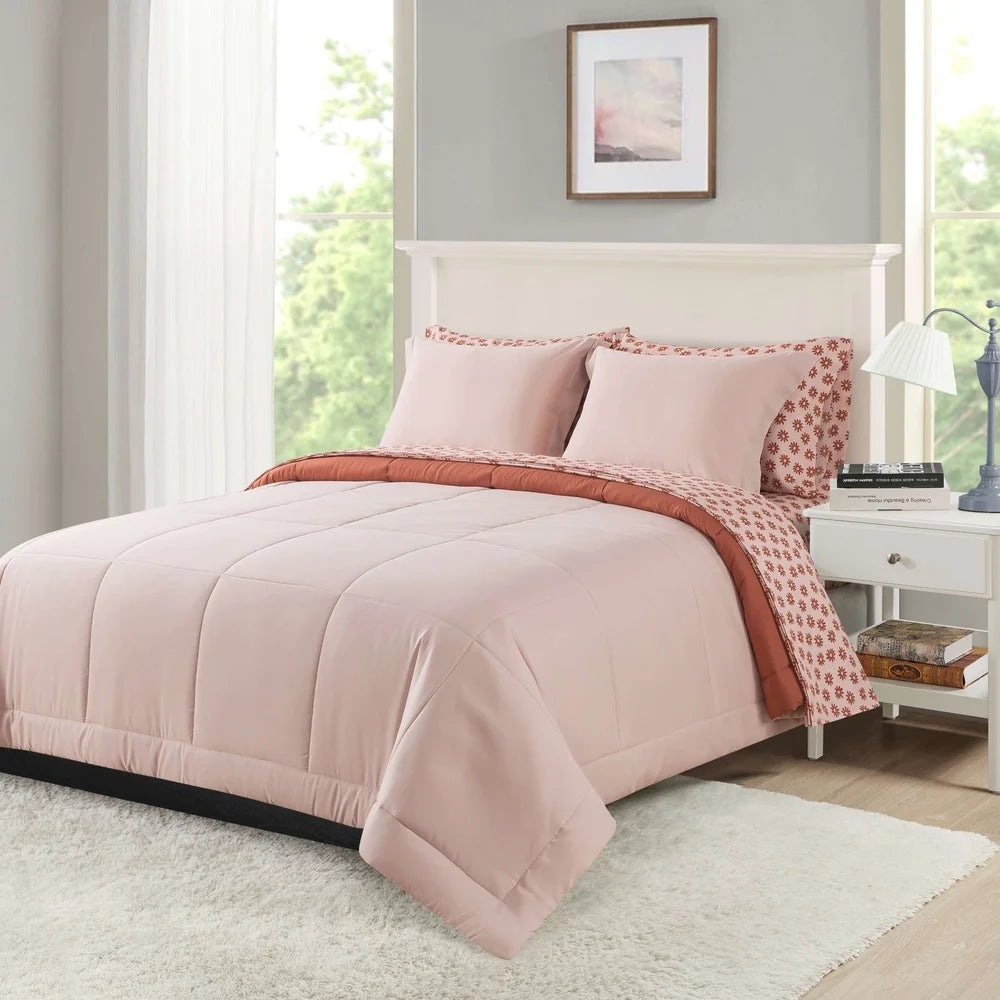 7 Piece Reversible Comforter Set King Pink Bedding