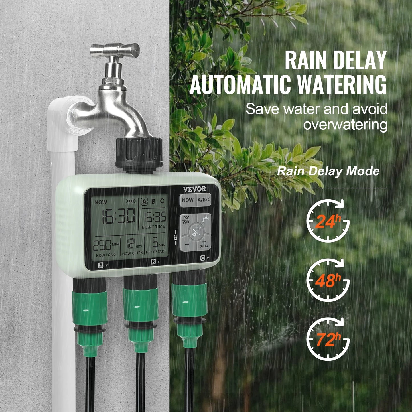 Vevor Water Timer With Three Outlets LCD Display Rain Delay