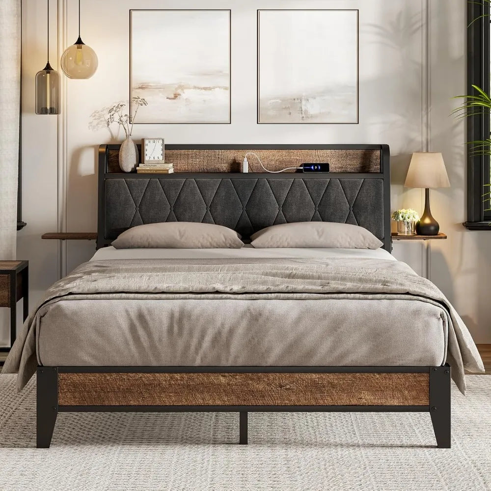 Queen Bed Frame With Ergonomic Upholstered Headboard And Charging Station