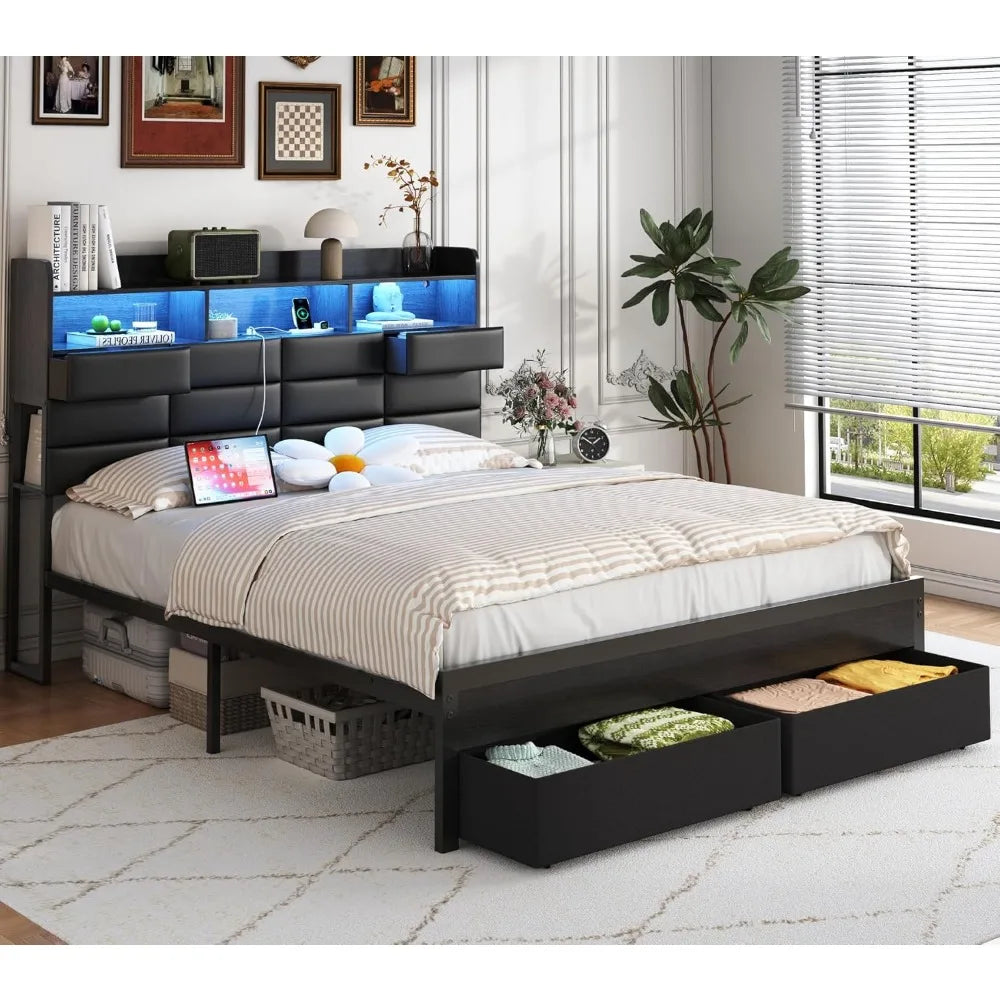 Full Upholstered Bed Frame With Storage Headboard Black 4 Drawers LED Charging