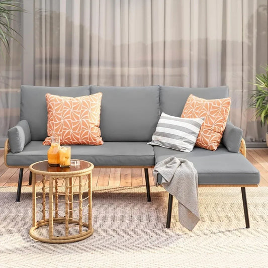 Outdoor Patio Furniture Set, Wicker Rattan L-Shaped Conversation Sectional Sofa Set with Thick Cushions, Detachable Lounger