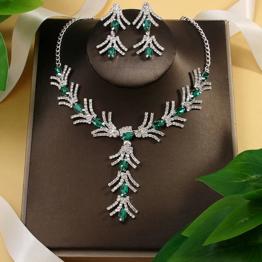 StoneFans 3PC Rhinestone Green Crystal Necklace Set Women