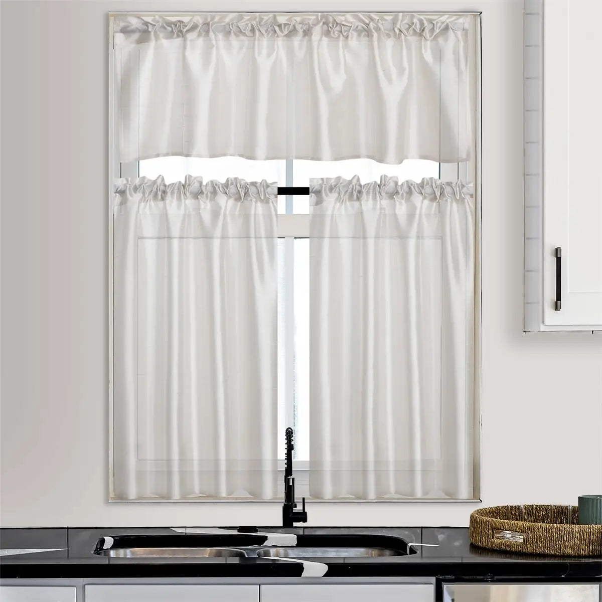3 Panels Gold Rod Pocket Faux Silk Sheer Curtains With 2 Tiers 26x36 Each And 1 Valance 52x14 For Kitchen And Bathroom