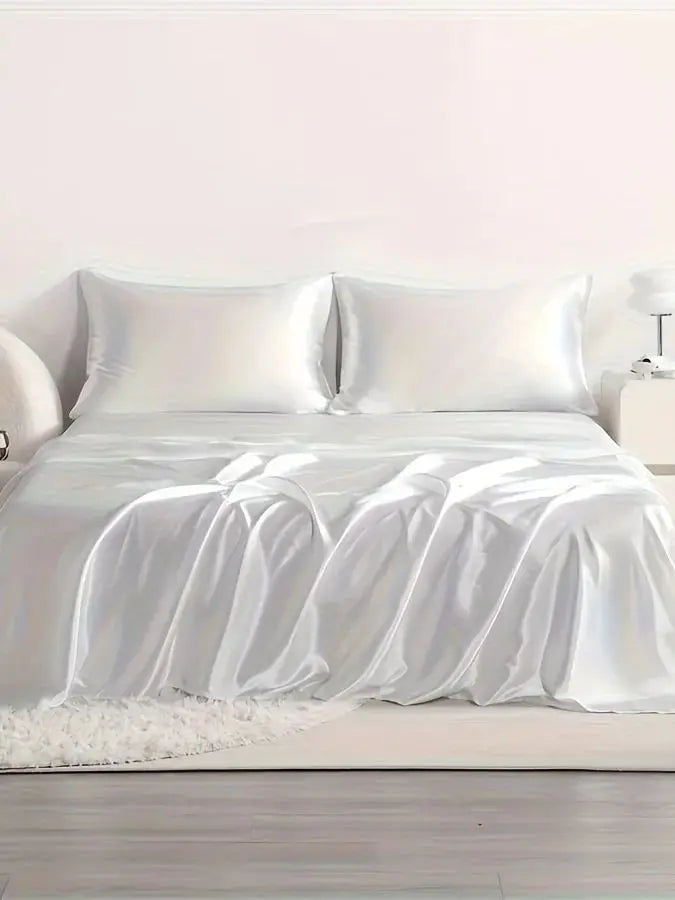 4pcs Cooling Satin Bed Sheet Set, Shrink-Resistant, Fade-Resistant, Hypoallergenic, Breathable, Flat Sheet & Fitted Sheet & Pill