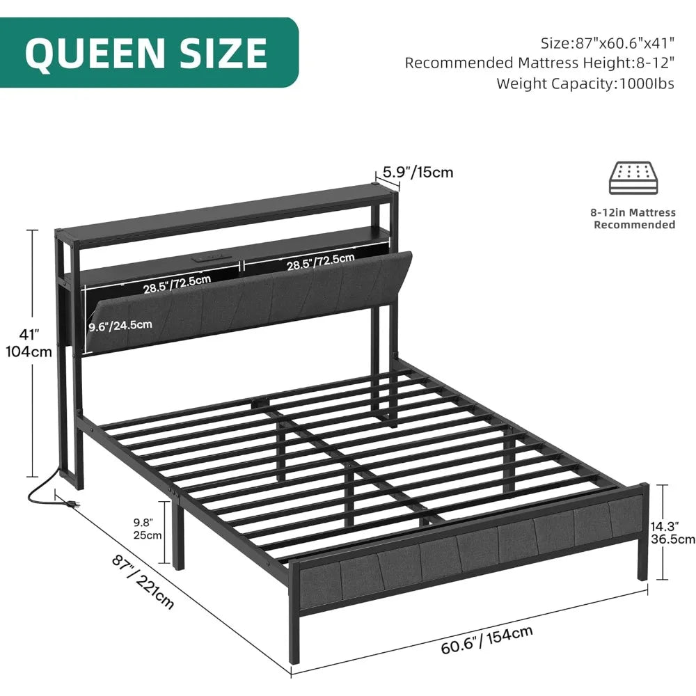 YITAHOME Queen Bed Frame With Storage Headboard LED Platform Bed With Charging