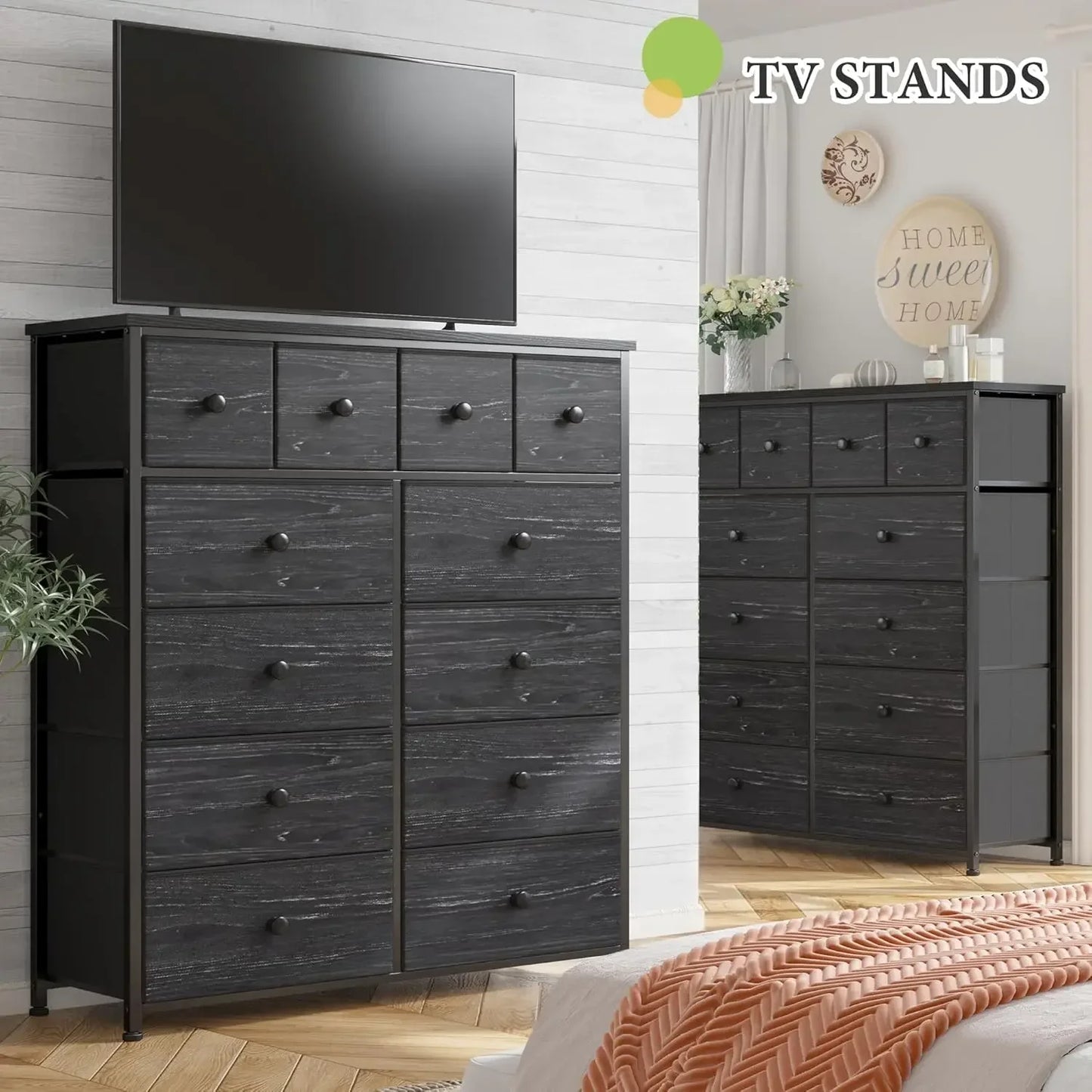 Black Dresser for Bedroom with 12 Drawers and Fabric Finish