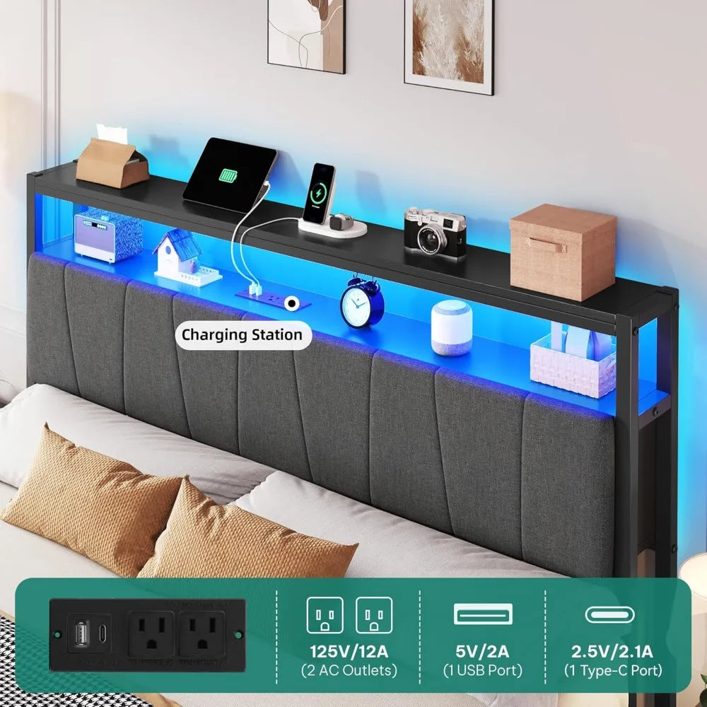 YITAHOME Queen Bed Frame With Storage Headboard LED Platform Bed With Charging
