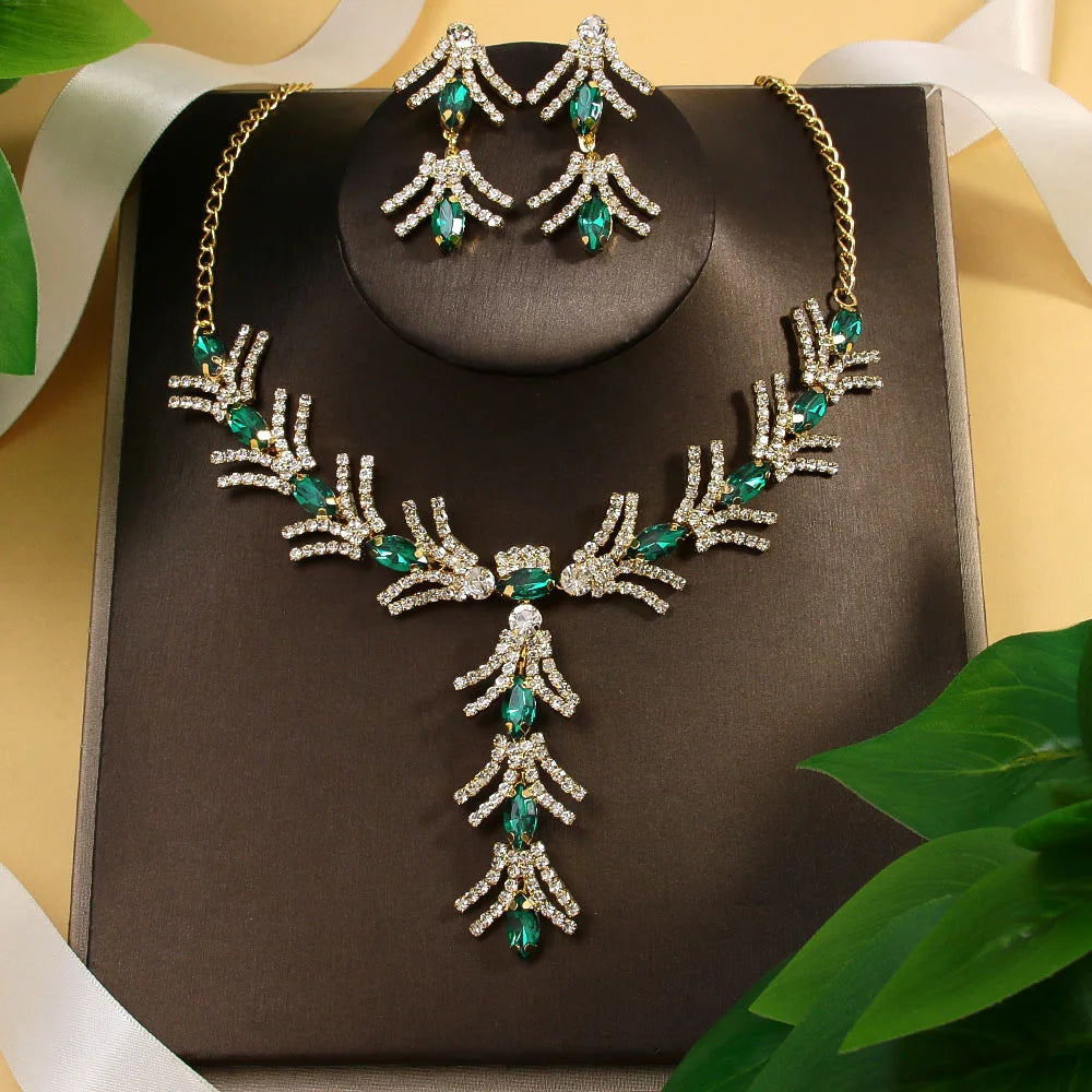 StoneFans 3PC Rhinestone Green Crystal Necklace Set Women