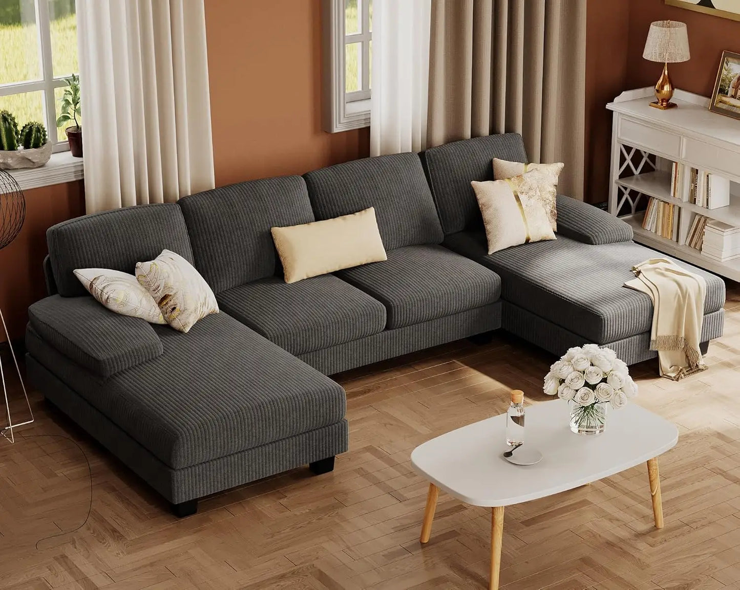 Linen Fabric Sectional Sofa Set U Shaped With Double Chaise 4 Seats Customized