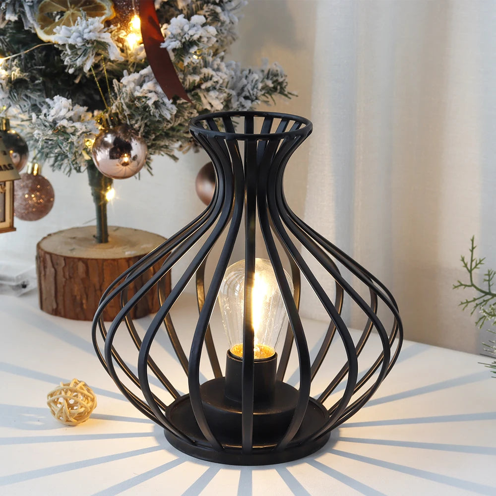 Black Battery Powered Table Lamp LED Lantern Bedside Decor