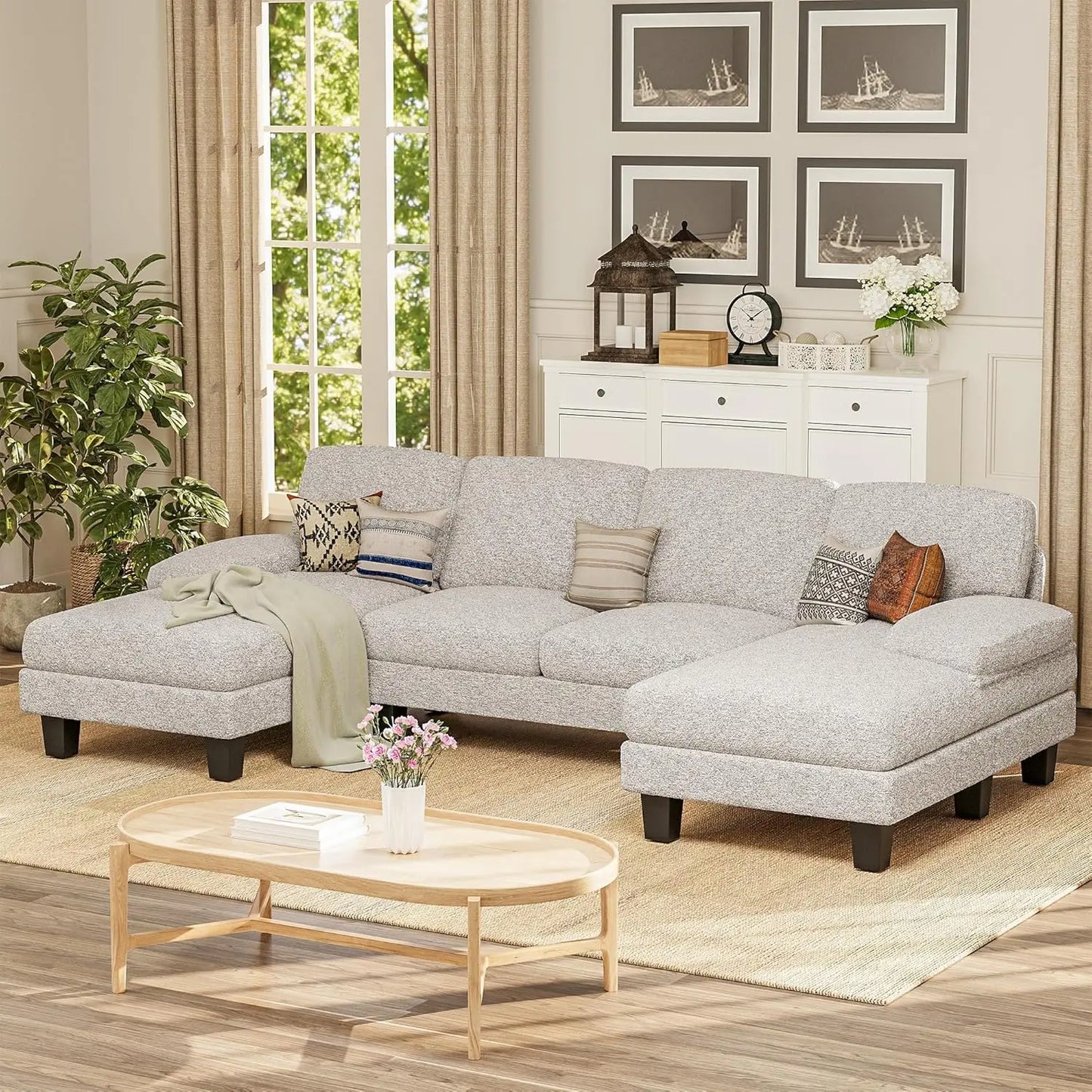 Linen Fabric Sectional Sofa Set U Shaped With Double Chaise 4 Seats Customized