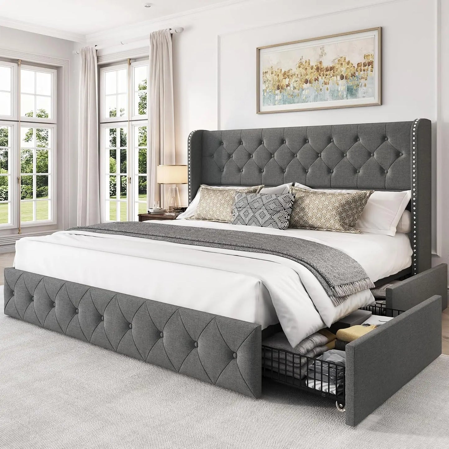 King Size Velvet Upholstered Bed Frame With Storage Drawers