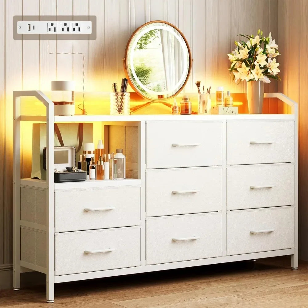 White Dresser With Light Strip And Power Outlet 8 Drawers