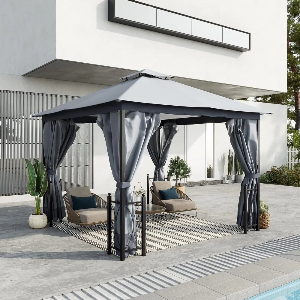 11 Foot x 13 Foot Patio Gazebo Double Roof Outdoor Canopy Shelter with Netting and Curtains Steel Corner Columns for Garden and Lawn