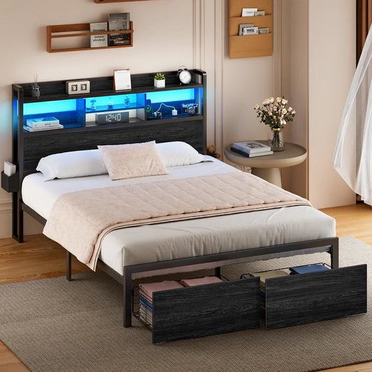 Full Queen Size Bed Frame with Storage Headboard Metal Platform Bed Frame with Storage Drawers LED Lights and Charging Station