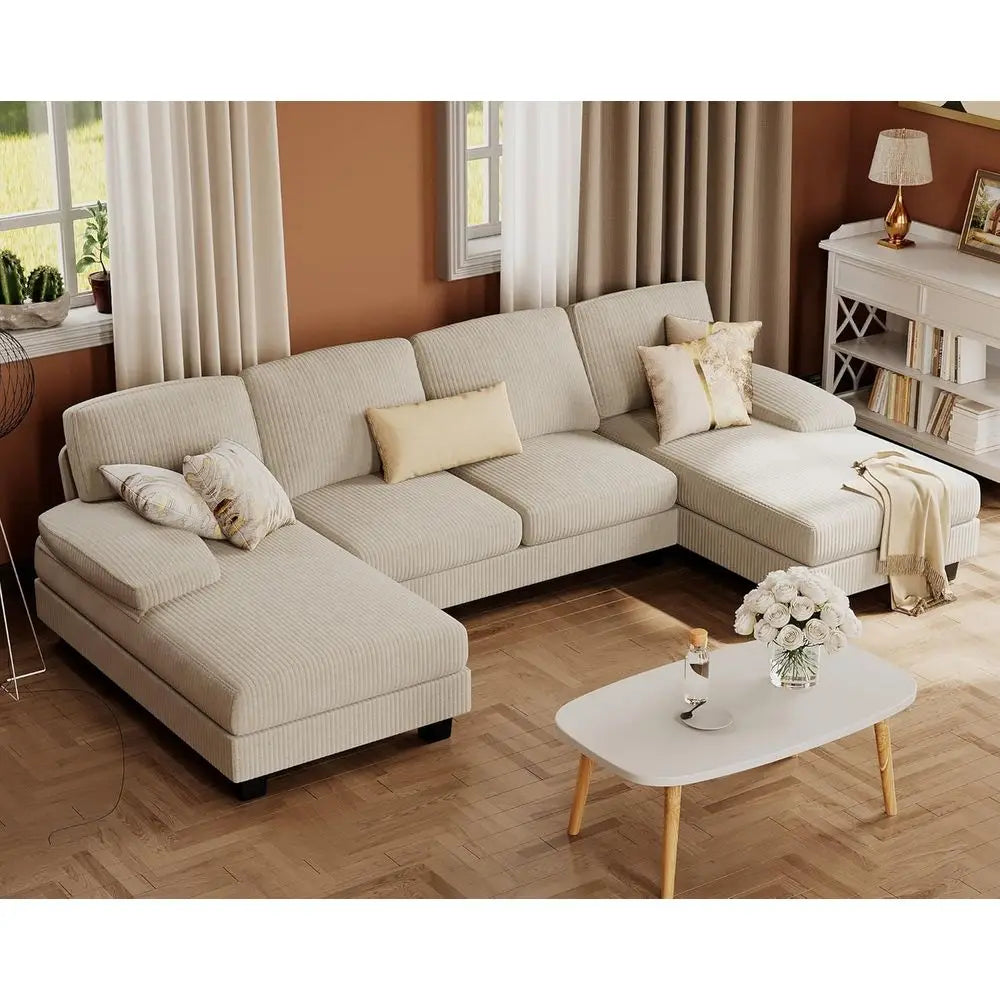 U Shaped Sectional Sofa With Linen Fabric 4 Seat Couch And Double Chaise