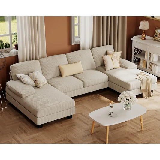 U Shaped Sectional Sofa With Linen Fabric 4 Seat Couch And Double Chaise