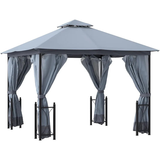 11 Foot x 13 Foot Patio Gazebo Double Roof Outdoor Canopy Shelter with Netting and Curtains Steel Corner Columns for Garden and Lawn