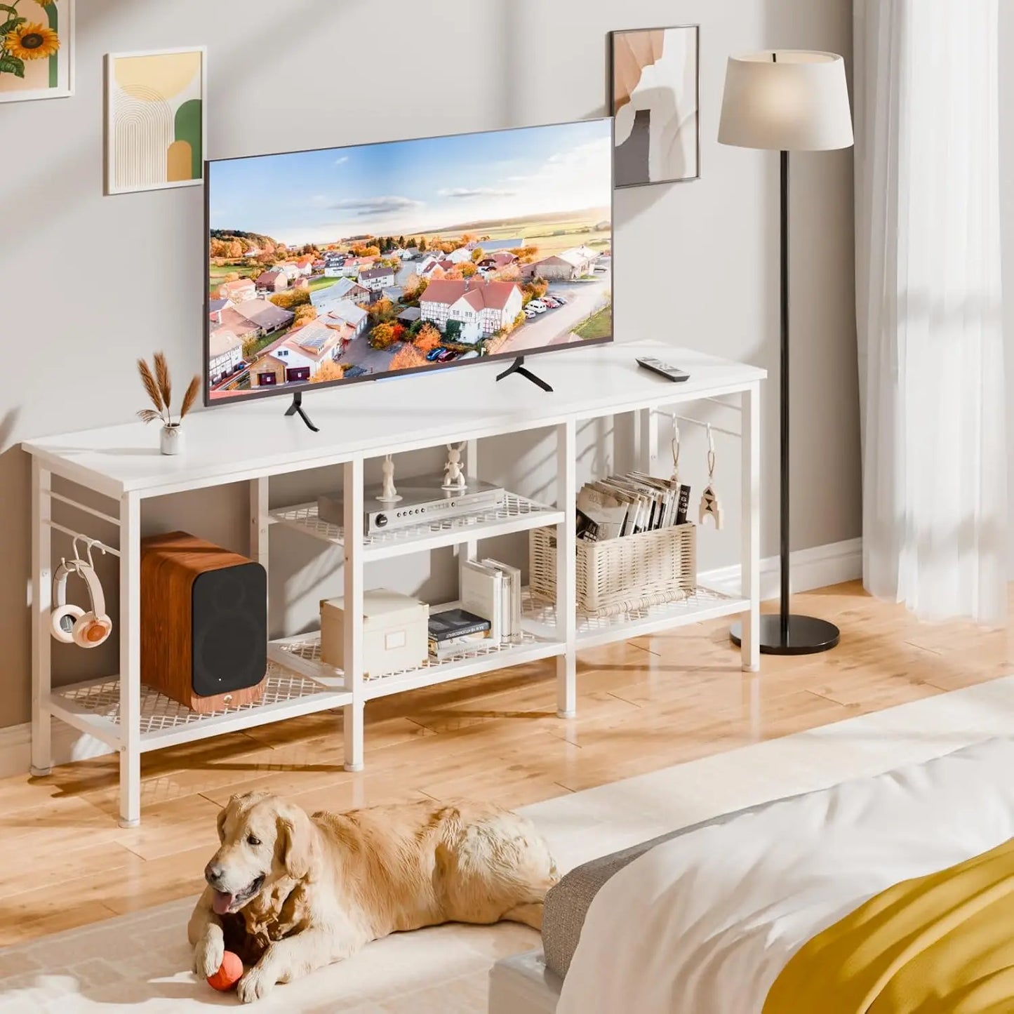 TV Stand for TVs Up to 55 Inch Modern Entertainment Center with Open Storage Shelves and Soundbar Shelf for Living Room and Bedroom White