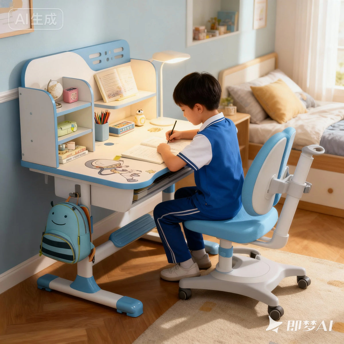 Height Adjustable Kids Premium Study Table and Chair Set with Writing Board