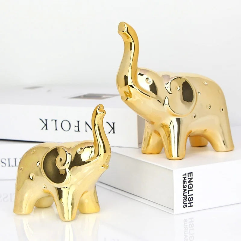 Pair Ceramic Elephant Statues Desktop Decor Wealth Gift