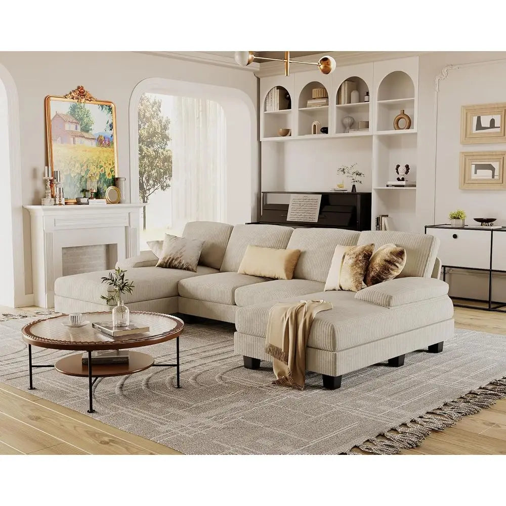 U Shaped Sectional Sofa With Linen Fabric 4 Seat Couch And Double Chaise