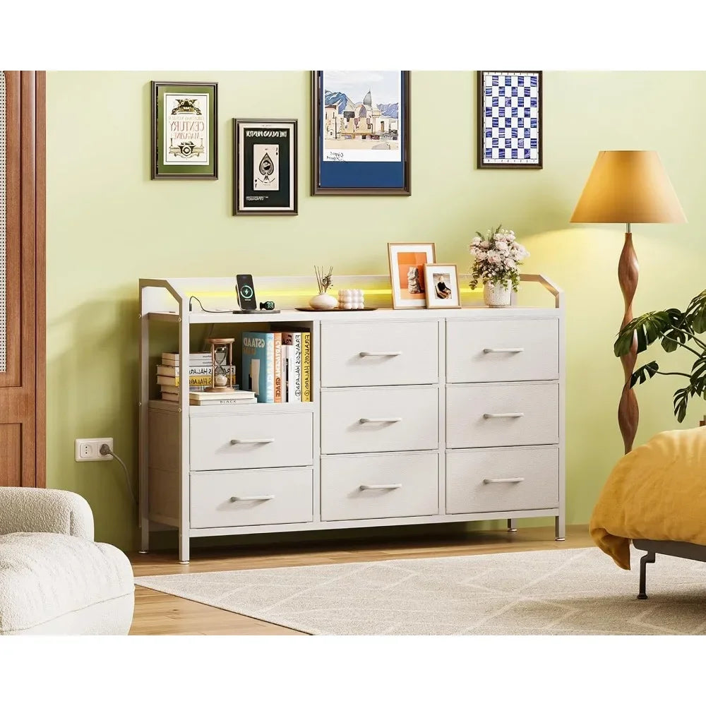 White Dresser With Light Strip And Power Outlet 8 Drawers