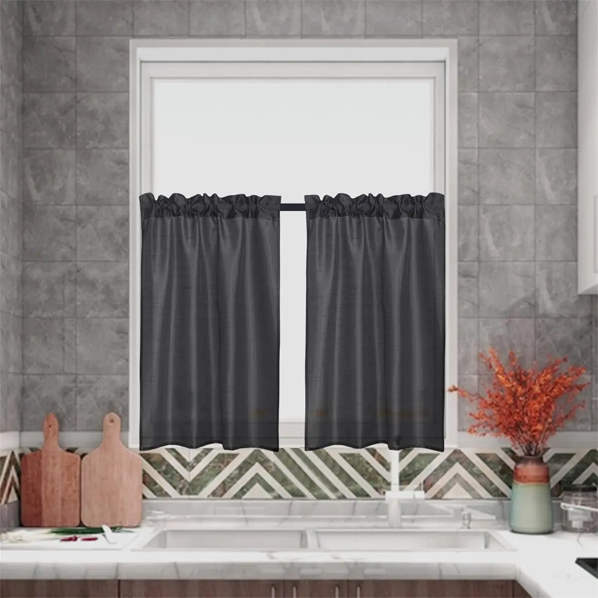 3 Panels Gold Rod Pocket Faux Silk Sheer Curtains With 2 Tiers 26x36 Each And 1 Valance 52x14 For Kitchen And Bathroom