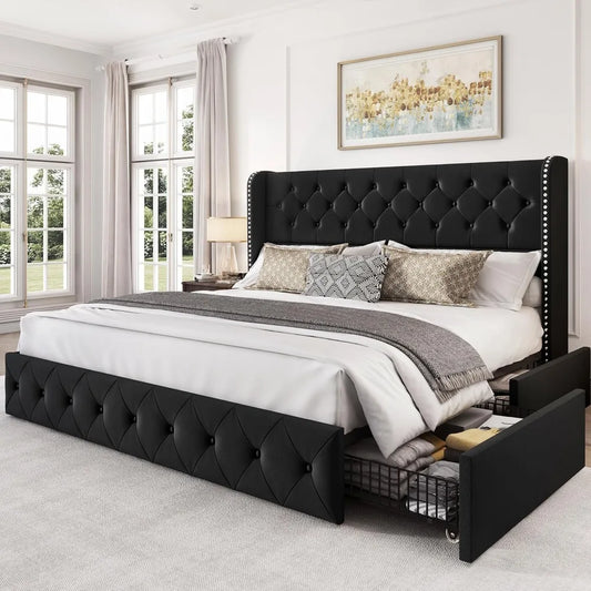 King Size Velvet Upholstered Bed Frame With Storage Drawers