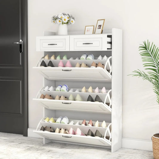 Shoe Storage Cabinet with 3 Flip & 2 Drawers - Holds 18-25 Pairs, White Wood PVC Door Design for Entryway & Hallway