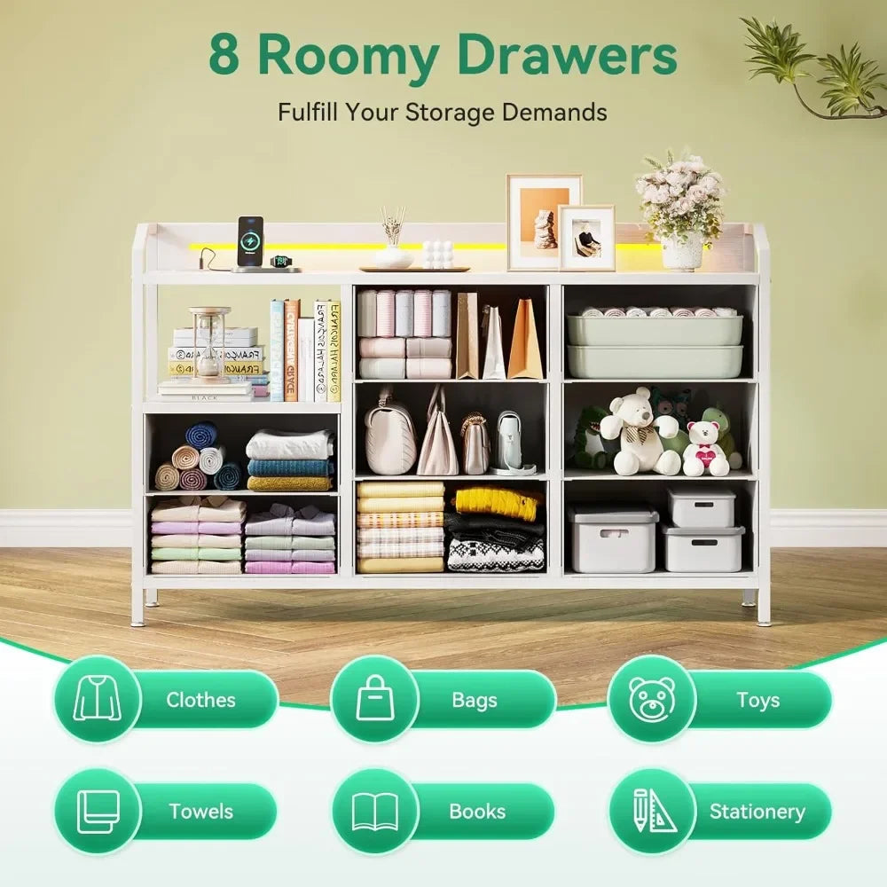 White Dresser With Light Strip And Power Outlet 8 Drawers