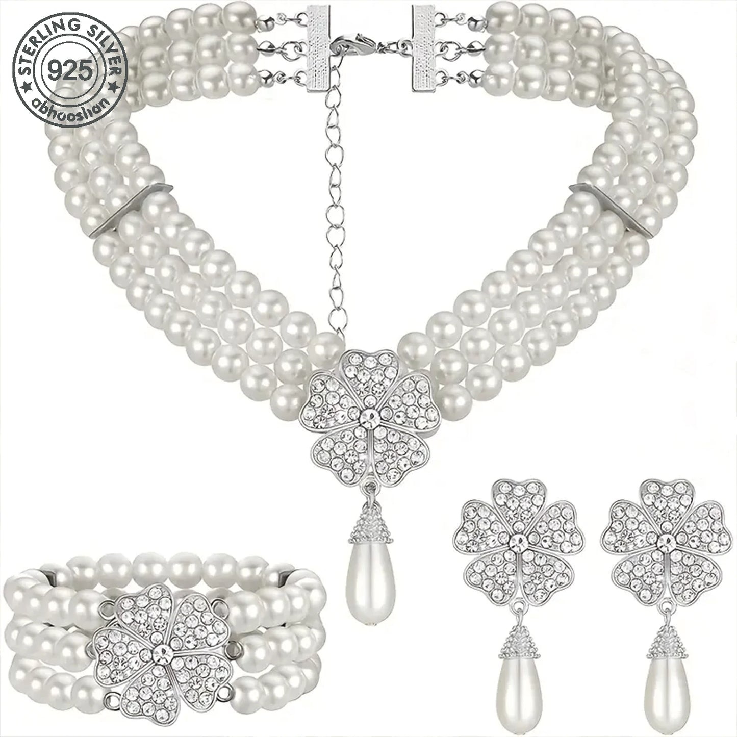 925 Silver Pearl Jewelry Set Necklace Earrings Bracelet