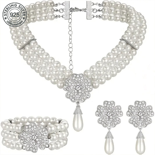 925 Silver Pearl Jewelry Set Necklace Earrings Bracelet