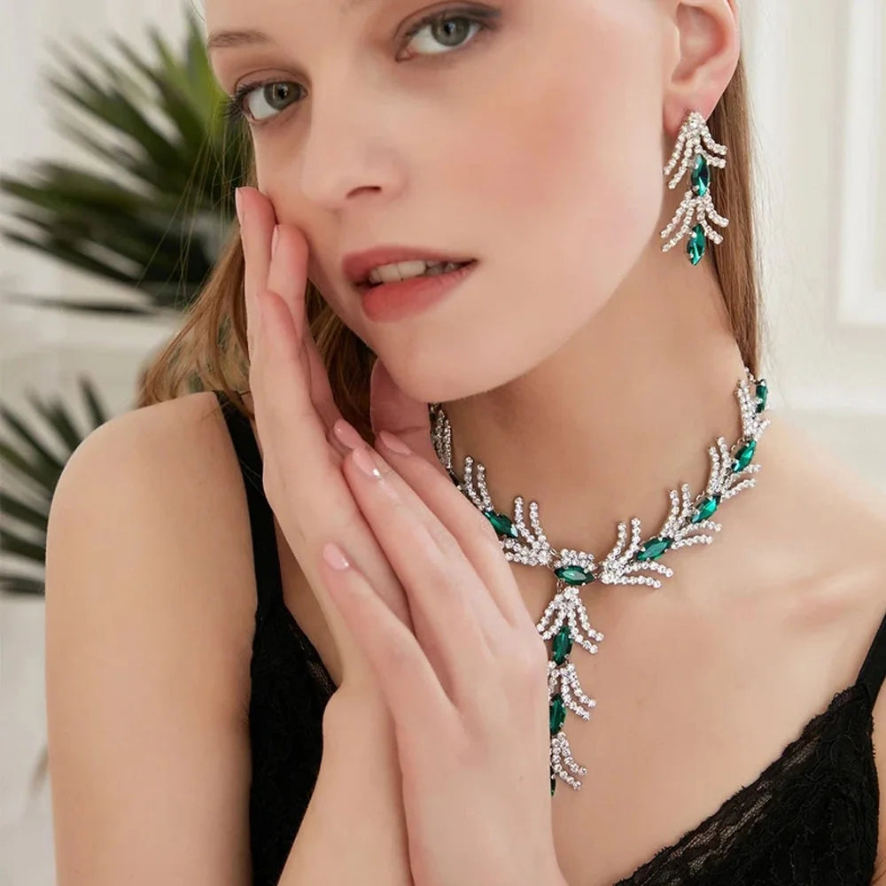 StoneFans 3Pc Green Rhinestone Necklace Set For Women Gifts