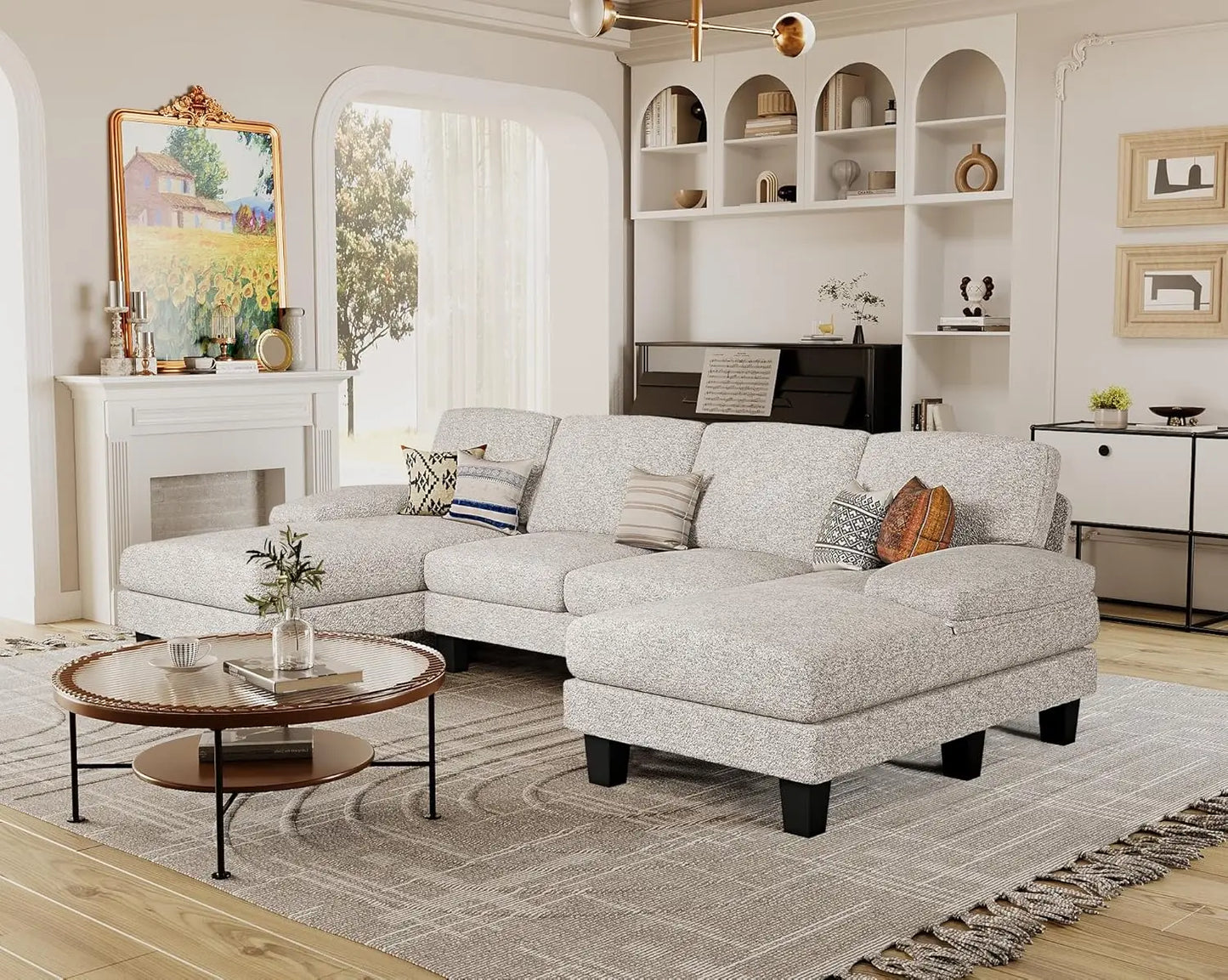 Linen Fabric Sectional Sofa Set U Shaped With Double Chaise 4 Seats Customized