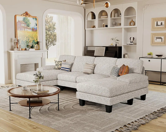 Linen Fabric Sectional Sofa Set U Shaped With Double Chaise 4 Seats Customized