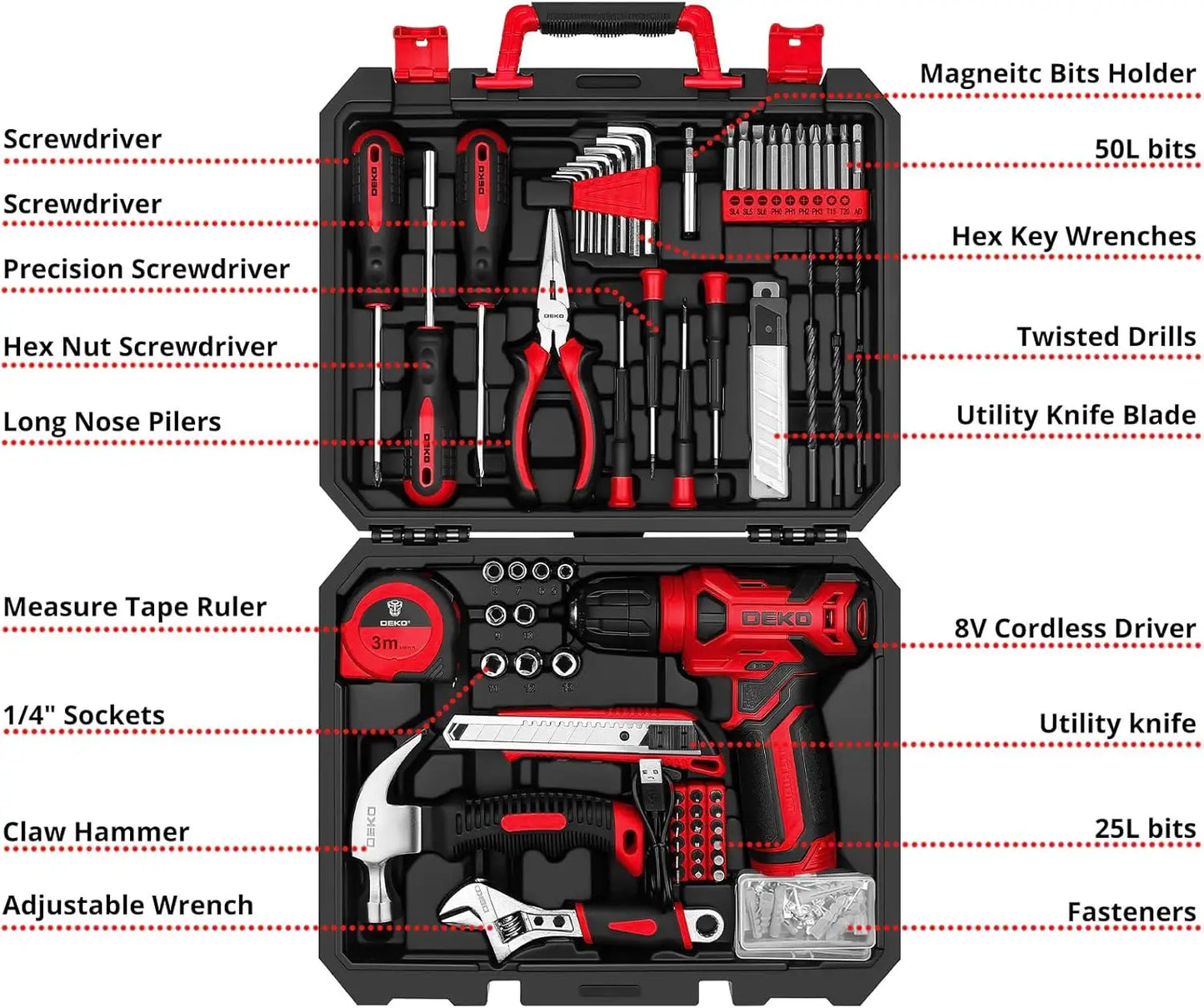 Deko 8V Red Cordless Drill Set 126 Piece Home Tool Kit For Women