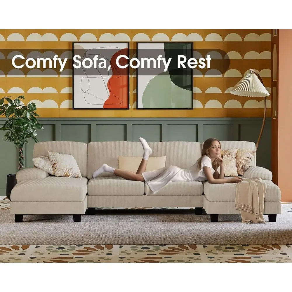 U Shaped Sectional Sofa With Linen Fabric 4 Seat Couch And Double Chaise
