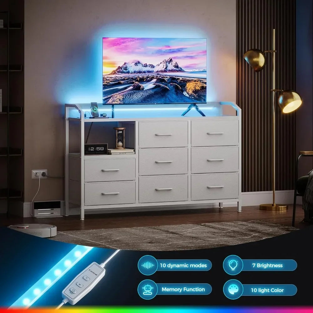 White Dresser With Light Strip And Power Outlet 8 Drawers